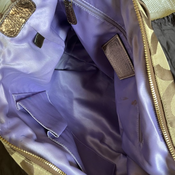 Coach Poppy C op art glam bronze metallic leather brown jacquard canvas tote bag - Picture 9 of 15